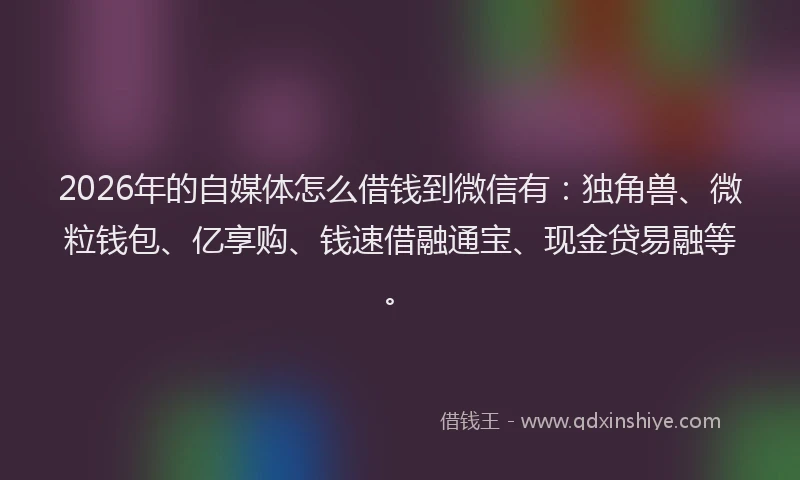 2026年的自媒体怎么借钱到微信有：独角兽、微粒钱包、亿享购、钱速借融通宝、现金贷易融等。
