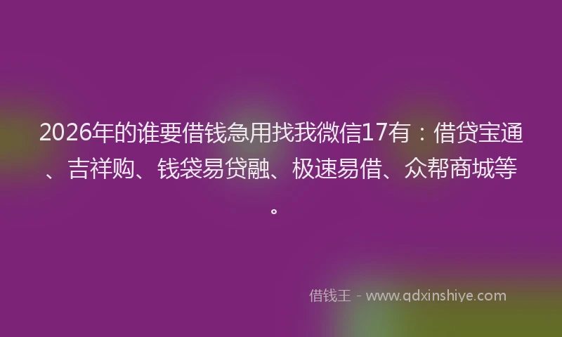 2026年的谁要借钱急用找我微信17有：借贷宝通、吉祥购、钱袋易贷融、极速易借、众帮商城等。