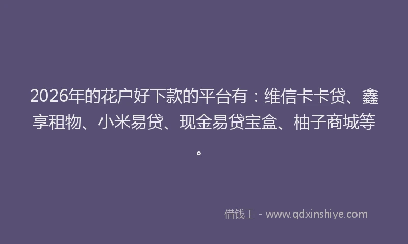 2026年的花户好下款的平台有：维信卡卡贷、鑫享租物、小米易贷、现金易贷宝盒、柚子商城等。
