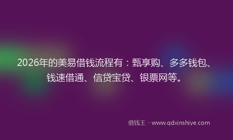2026年的美易借钱流程有：甄享购、多多钱包、钱速借通、信贷宝贷、银票网等。