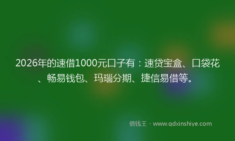 2026年的速借1000元口子有：速贷宝盒、口袋花、畅易钱包、玛瑙分期、捷信易借等。