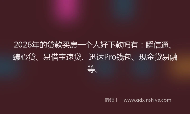 2026年的贷款买房一个人好下款吗有：瞬信通、臻心贷、易借宝速贷、迅达Pro钱包、现金贷易融等。