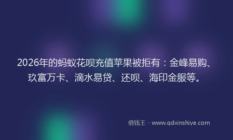 2026年的蚂蚁花呗充值苹果被拒有：金峰易购、玖富万卡、滴水易贷、还呗、海印金服等。