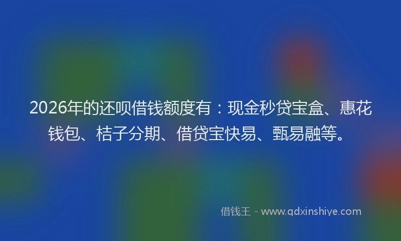2026年的还呗借钱额度有：现金秒贷宝盒、惠花钱包、桔子分期、借贷宝快易、甄易融等。