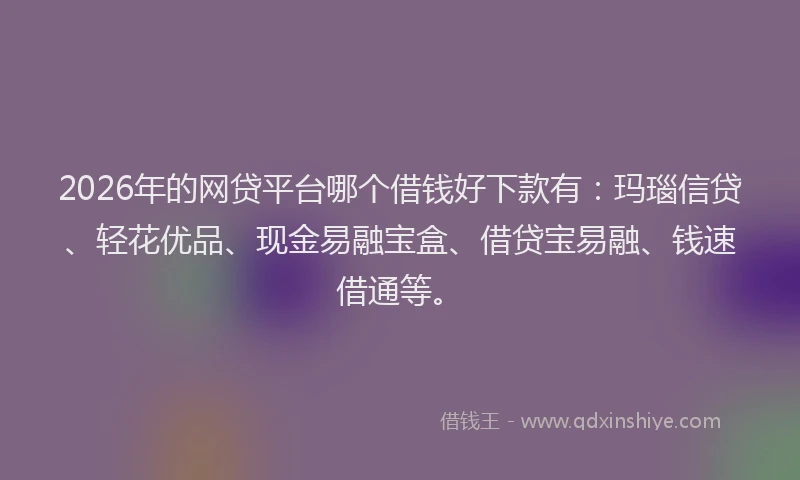 2026年的网贷平台哪个借钱好下款有：玛瑙信贷、轻花优品、现金易融宝盒、借贷宝易融、钱速借通等。