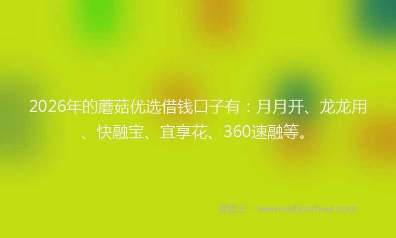 2026年的蘑菇优选借钱口子有：月月开、龙龙用、快融宝、宜享花、360速融等。