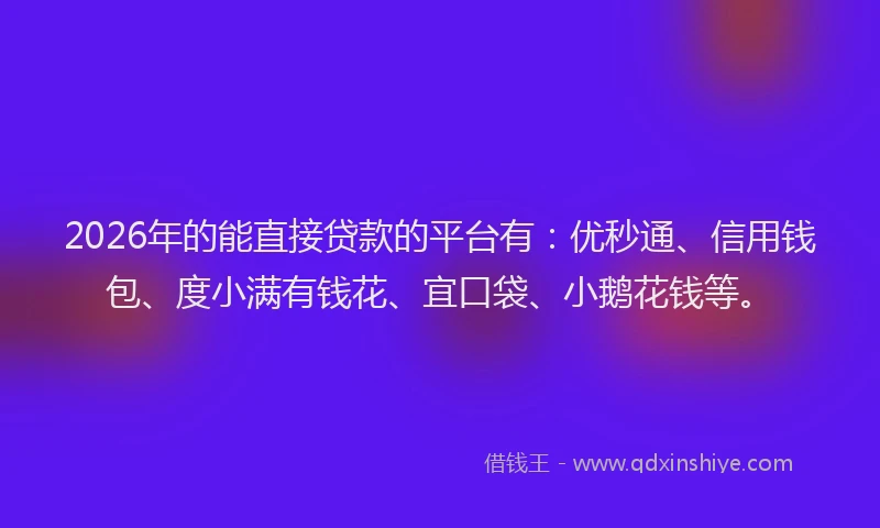 2026年的能直接贷款的平台有：优秒通、信用钱包、度小满有钱花、宜口袋、小鹅花钱等。