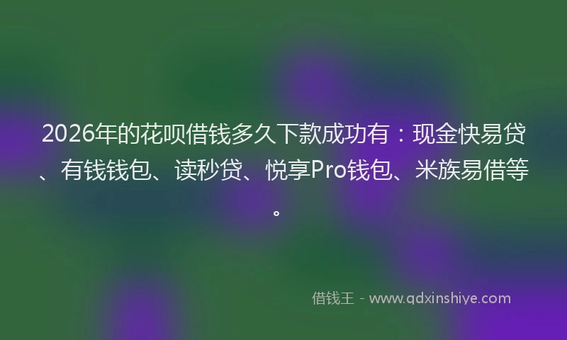 2026年的花呗借钱多久下款成功有：现金快易贷、有钱钱包、读秒贷、悦享Pro钱包、米族易借等。