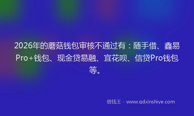 2026年的蘑菇钱包审核不通过有：随手借、鑫易Pro+钱包、现金贷易融、宜花呗、信贷Pro钱包等。