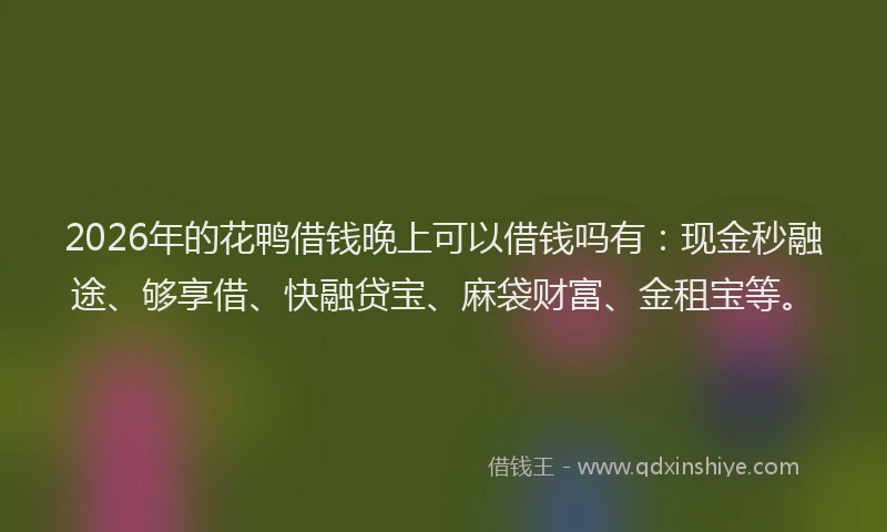 2026年的花鸭借钱晚上可以借钱吗有：现金秒融途、够享借、快融贷宝、麻袋财富、金租宝等。