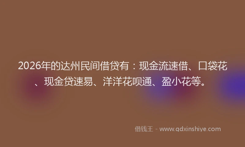2026年的达州民间借贷有：现金流速借、口袋花、现金贷速易、洋洋花呗通、盈小花等。