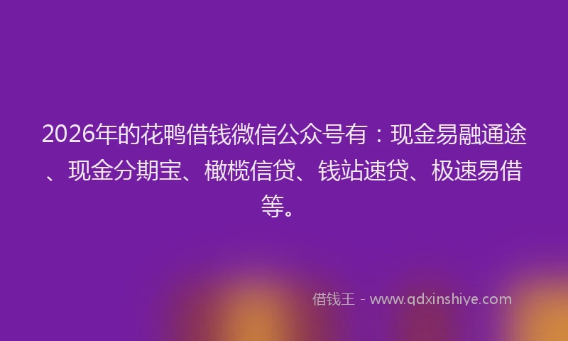 2026年的花鸭借钱微信公众号有：现金易融通途、现金分期宝、橄榄信贷、钱站速贷、极速易借等。