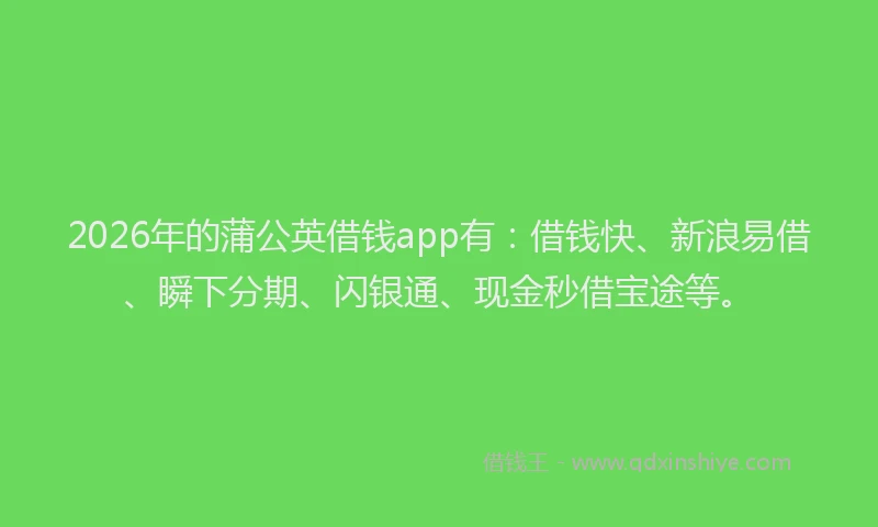 2026年的蒲公英借钱app有：借钱快、新浪易借、瞬下分期、闪银通、现金秒借宝途等。