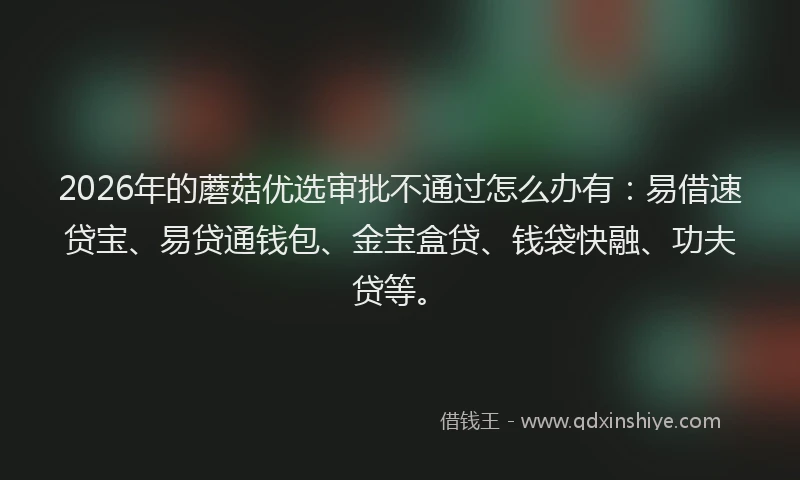 2026年的蘑菇优选审批不通过怎么办有：易借速贷宝、易贷通钱包、金宝盒贷、钱袋快融、功夫贷等。
