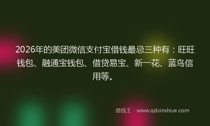 2026年的美团微信支付宝借钱最忌三种有：旺旺钱包、融通宝钱包、借贷易宝、新一花、蓝鸟信用等。