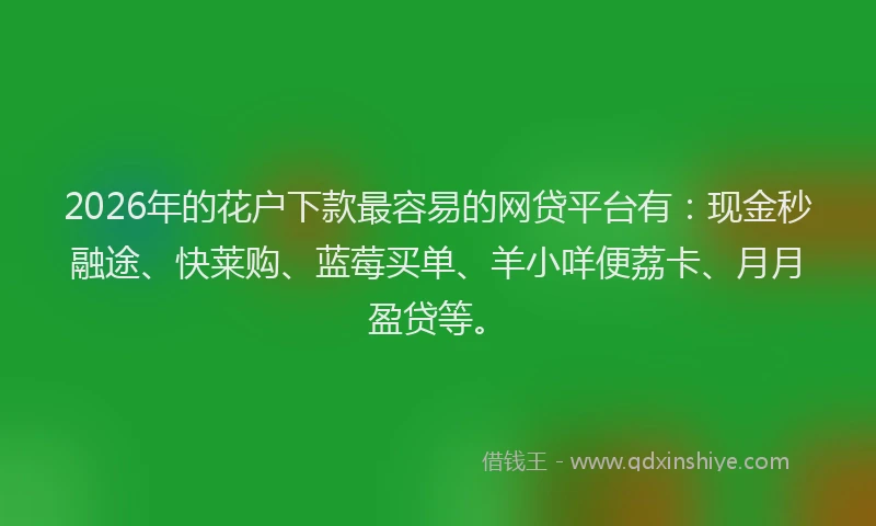 2026年的花户下款最容易的网贷平台有：现金秒融途、快莱购、蓝莓买单、羊小咩便荔卡、月月盈贷等。