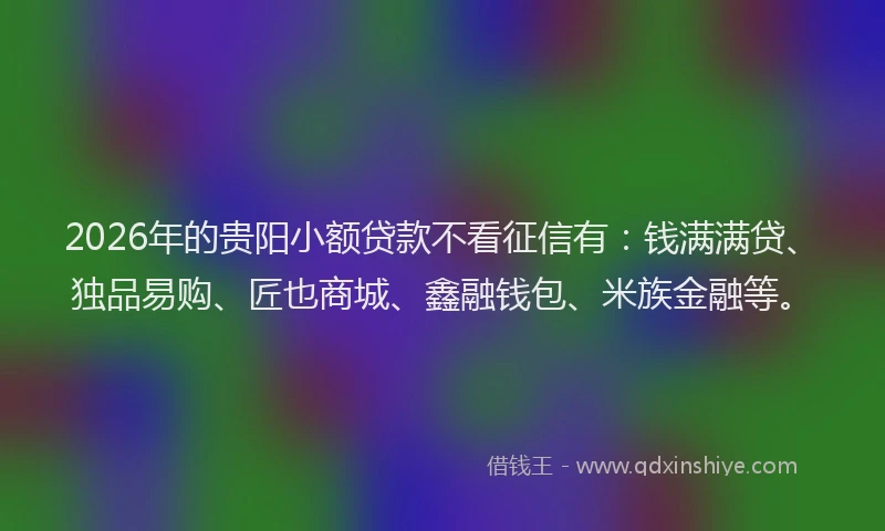 2026年的贵阳小额贷款不看征信有：钱满满贷、独品易购、匠也商城、鑫融钱包、米族金融等。