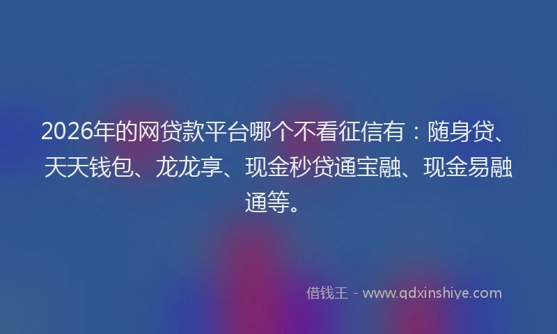 2026年的网贷款平台哪个不看征信有：随身贷、天天钱包、龙龙享、现金秒贷通宝融、现金易融通等。