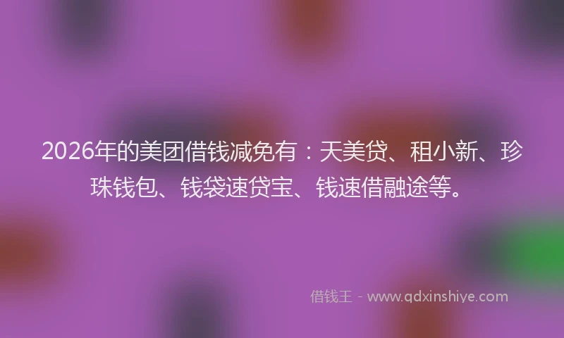 2026年的美团借钱减免有：天美贷、租小新、珍珠钱包、钱袋速贷宝、钱速借融途等。
