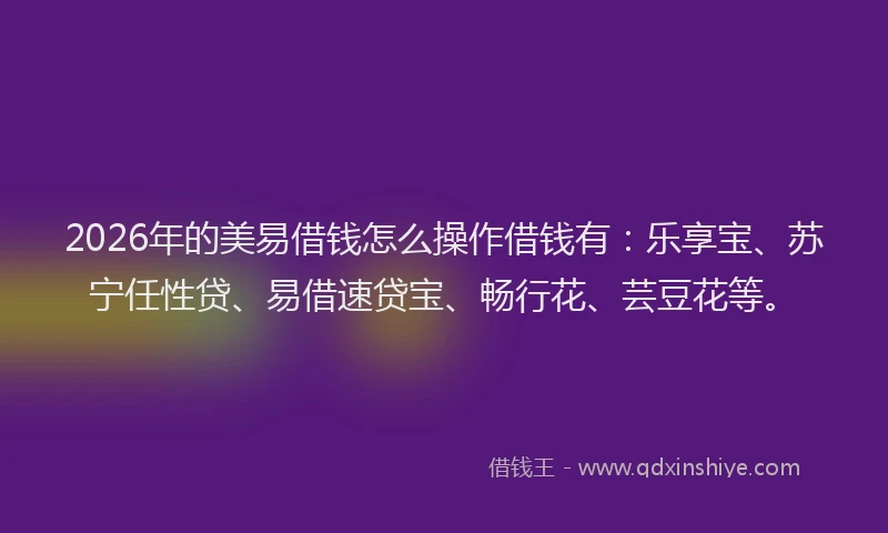 2026年的美易借钱怎么操作借钱有：乐享宝、苏宁任性贷、易借速贷宝、畅行花、芸豆花等。