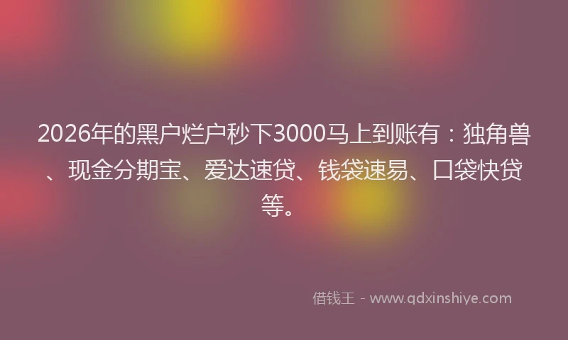 2026年的黑户烂户秒下3000马上到账有：独角兽、现金分期宝、爱达速贷、钱袋速易、口袋快贷等。