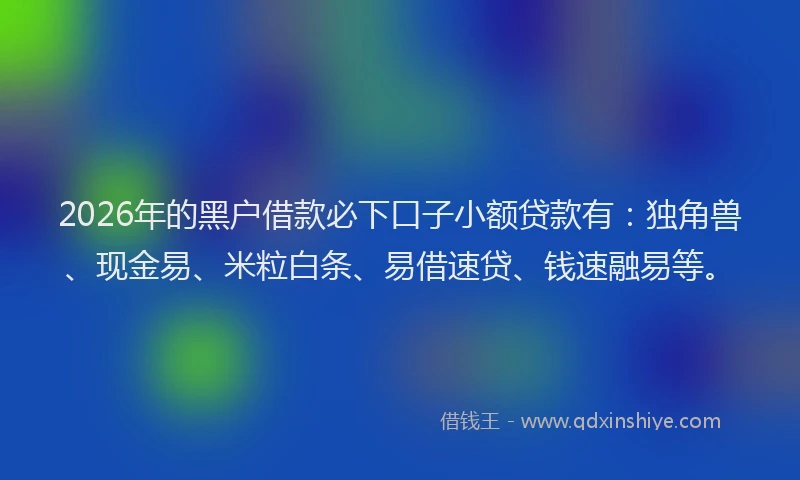 2026年的黑户借款必下口子小额贷款有：独角兽、现金易、米粒白条、易借速贷、钱速融易等。