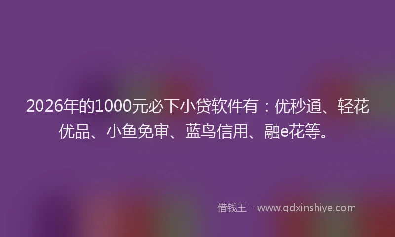 2026年的1000元必下小贷软件有：优秒通、轻花优品、小鱼免审、蓝鸟信用、融e花等。