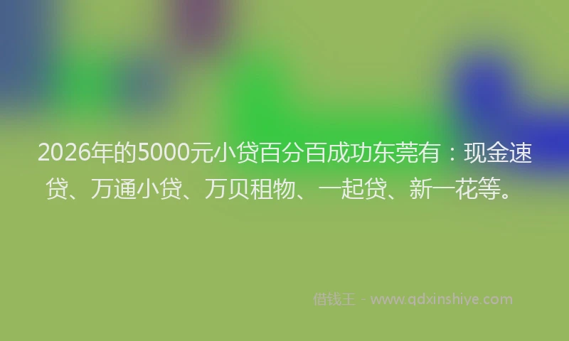 2026年的5000元小贷百分百成功东莞有：现金速贷、万通小贷、万贝租物、一起贷、新一花等。