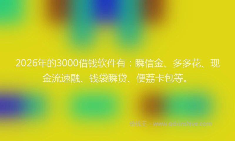 2026年的3000借钱软件有：瞬信金、多多花、现金流速融、钱袋瞬贷、便荔卡包等。