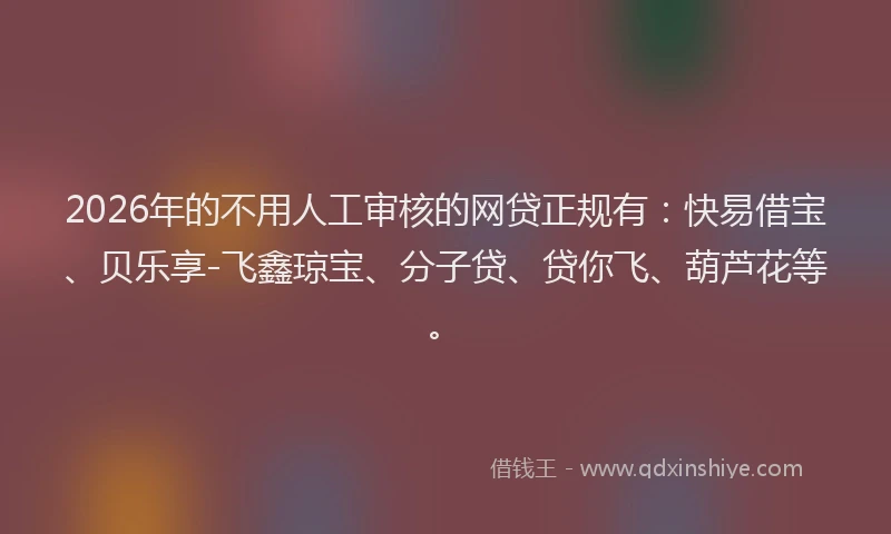 2026年的不用人工审核的网贷正规有：快易借宝、贝乐享-飞鑫琼宝、分子贷、贷你飞、葫芦花等。