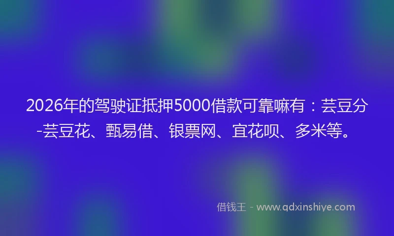 2026年的驾驶证抵押5000借款可靠嘛有：芸豆分-芸豆花、甄易借、银票网、宜花呗、多米等。