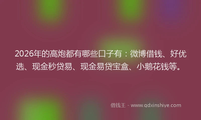 2026年的高炮都有哪些口子有：微博借钱、好优选、现金秒贷易、现金易贷宝盒、小鹅花钱等。