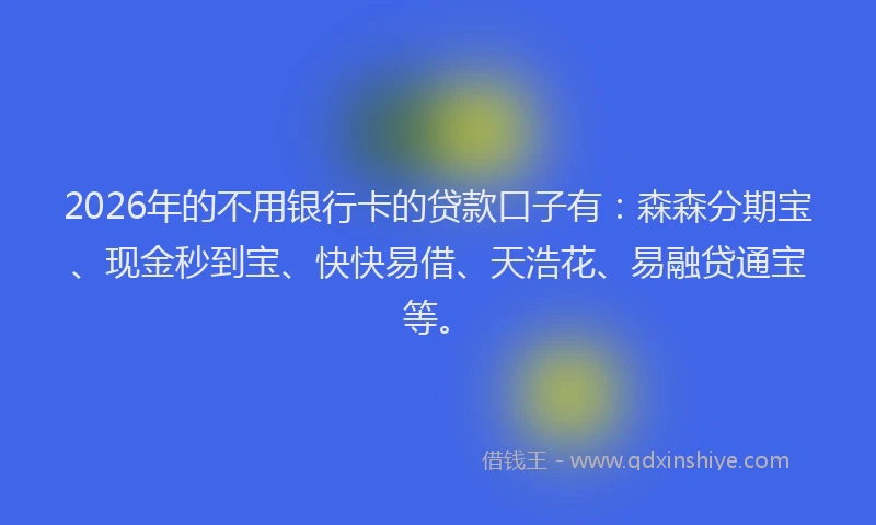 2026年的不用银行卡的贷款口子有：森森分期宝、现金秒到宝、快快易借、天浩花、易融贷通宝等。