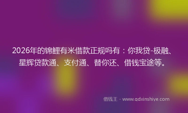 2026年的锦鲤有米借款正规吗有：你我贷-极融、星辉贷款通、支付通、替你还、借钱宝途等。