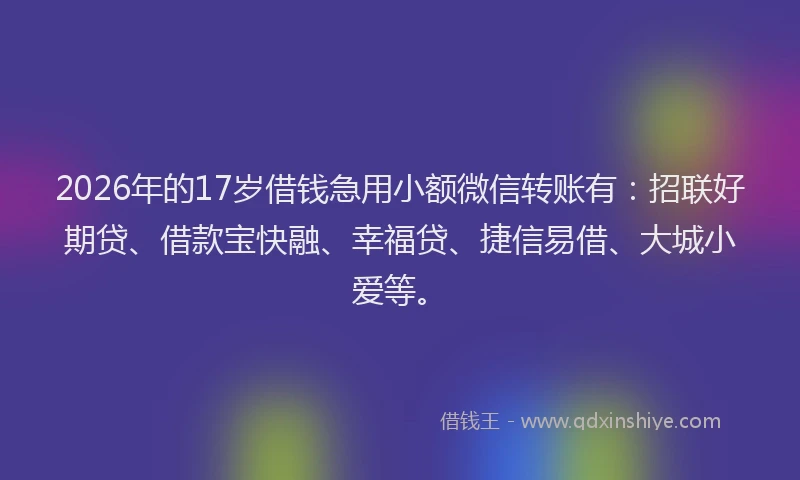 2026年的17岁借钱急用小额微信转账有：招联好期贷、借款宝快融、幸福贷、捷信易借、大城小爱等。
