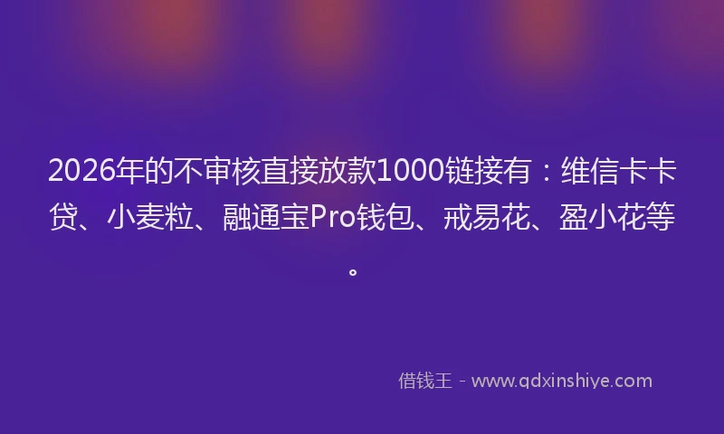 2026年的不审核直接放款1000链接有：维信卡卡贷、小麦粒、融通宝Pro钱包、戒易花、盈小花等。