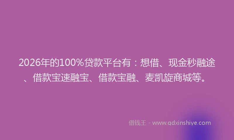 2026年的100%贷款平台有：想借、现金秒融途、借款宝速融宝、借款宝融、麦凯旋商城等。