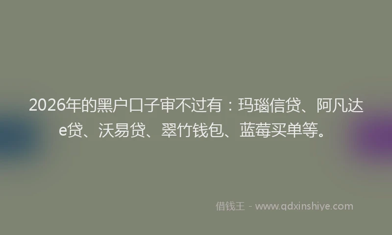 2026年的黑户口子审不过有：玛瑙信贷、阿凡达e贷、沃易贷、翠竹钱包、蓝莓买单等。