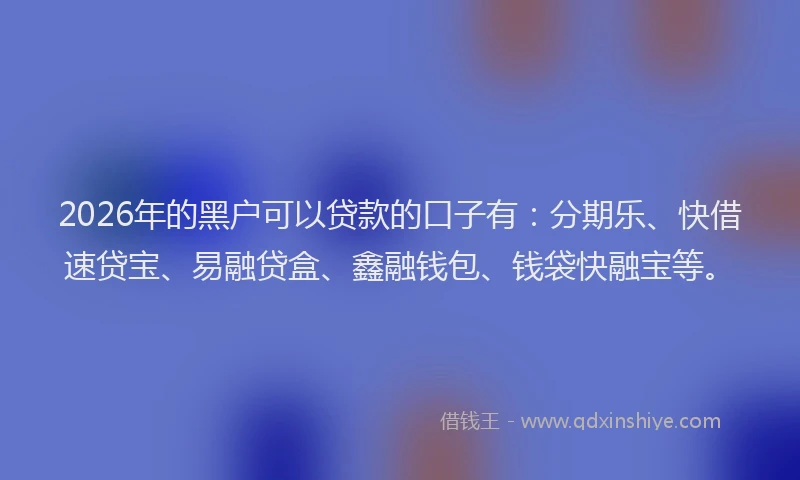 2026年的黑户可以贷款的口子有：分期乐、快借速贷宝、易融贷盒、鑫融钱包、钱袋快融宝等。