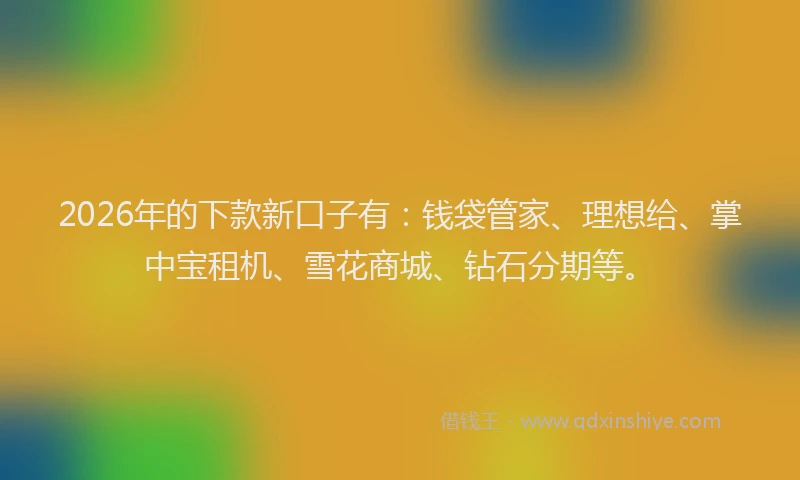 2026年的下款新口子有：钱袋管家、理想给、掌中宝租机、雪花商城、钻石分期等。