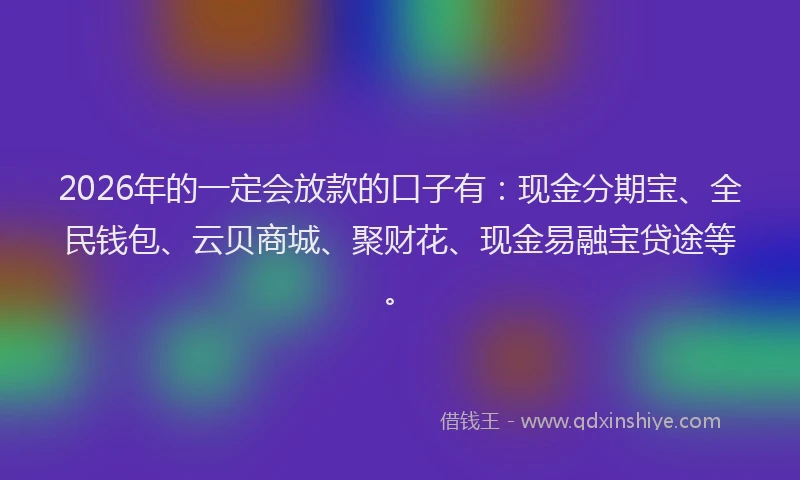 2026年的一定会放款的口子有：现金分期宝、全民钱包、云贝商城、聚财花、现金易融宝贷途等。
