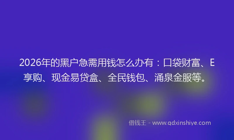 2026年的黑户急需用钱怎么办有：口袋财富、E享购、现金易贷盒、全民钱包、涌泉金服等。