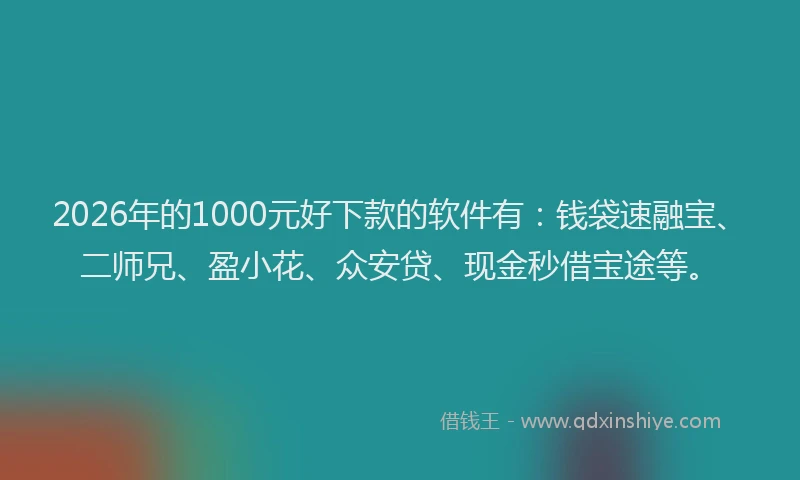 2026年的1000元好下款的软件有：钱袋速融宝、二师兄、盈小花、众安贷、现金秒借宝途等。