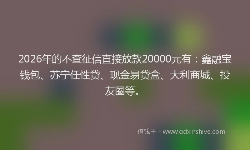2026年的不查征信直接放款20000元有：鑫融宝钱包、苏宁任性贷、现金易贷盒、大利商城、投友圈等。