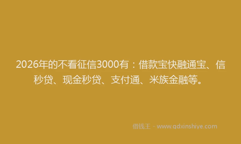 2026年的不看征信3000有：借款宝快融通宝、信秒贷、现金秒贷、支付通、米族金融等。
