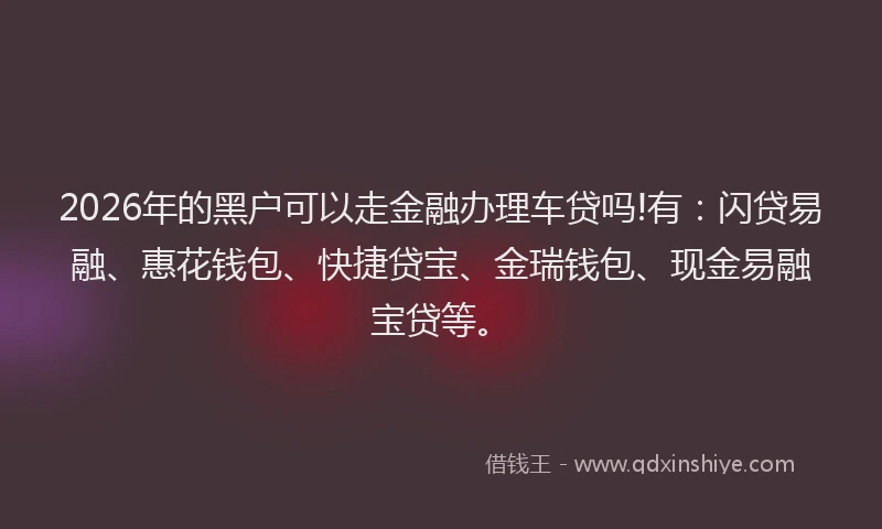 2026年的黑户可以走金融办理车贷吗!有：闪贷易融、惠花钱包、快捷贷宝、金瑞钱包、现金易融宝贷等。
