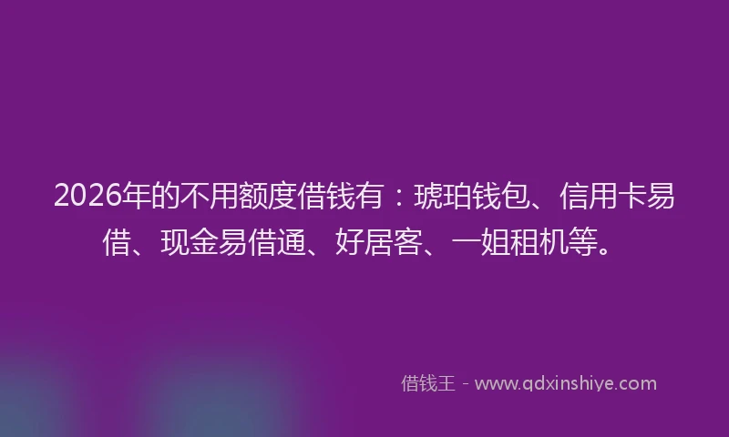 2026年的不用额度借钱有：琥珀钱包、信用卡易借、现金易借通、好居客、一姐租机等。