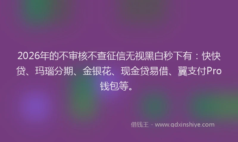 2026年的不审核不查征信无视黑白秒下有：快快贷、玛瑙分期、金银花、现金贷易借、翼支付Pro钱包等。