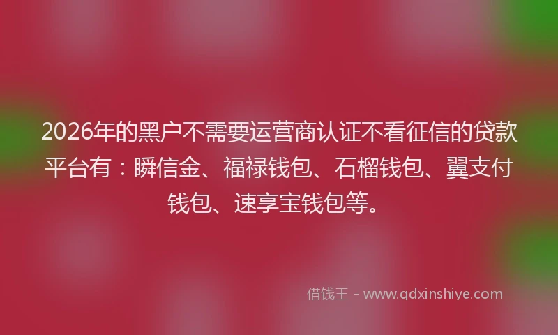 2026年的黑户不需要运营商认证不看征信的贷款平台有：瞬信金、福禄钱包、石榴钱包、翼支付钱包、速享宝钱包等。