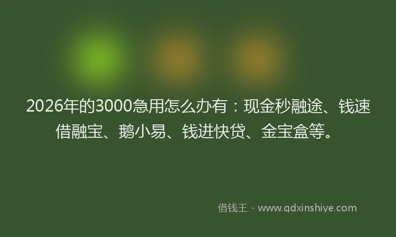 2026年的3000急用怎么办有：现金秒融途、钱速借融宝、鹅小易、钱进快贷、金宝盒等。